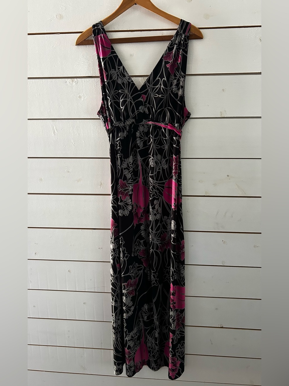 Vintage Ambrielle Floral Maxi Dress Y2K Pink Black Empire Waist Cottagecore LG